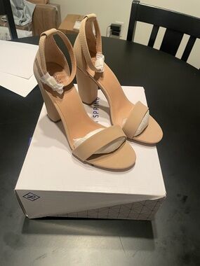 Call It Spring Beige Ankle Strap Block Heel Sandals